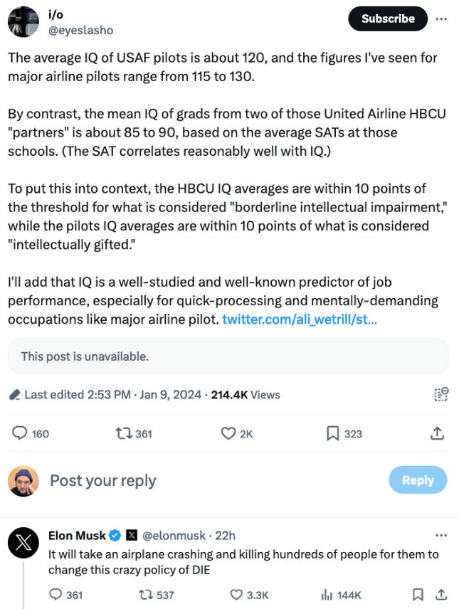 صورة لمقال بعنوان Elon Musk يؤيد تغريدة تقول إن الطلاب في الكليات السوداء لديهم معدلات ذكاء منخفضة